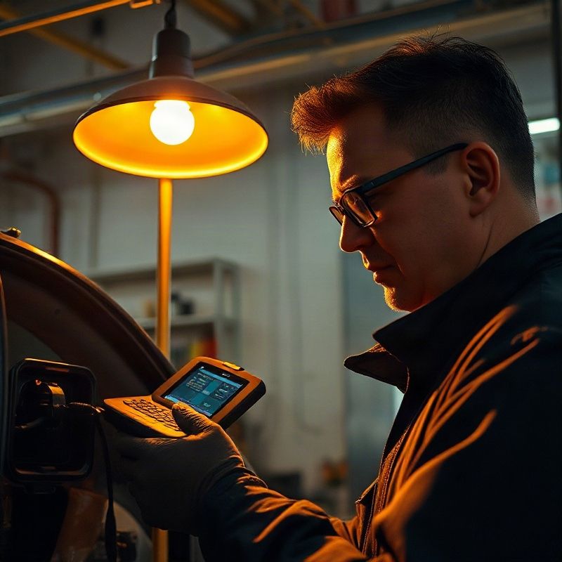 Técnico conectando scanner Autel MaxiSys à porta OBD sob luz âmbar-dourada