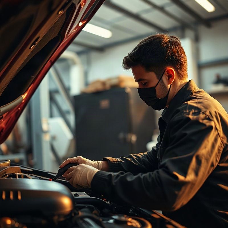 Técnico certificado realizando manutenção preventiva no compartimento do motor sob luz âmbar-dourada