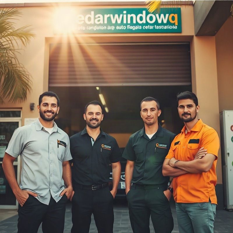 Retrato de equipe de quatro técnicos automotivos em frente à fachada da Cedarwindowq em Florianópolis